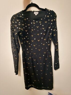 ALICE by Temperley Black Long Sleeve Mini Dress with Gold Beadind